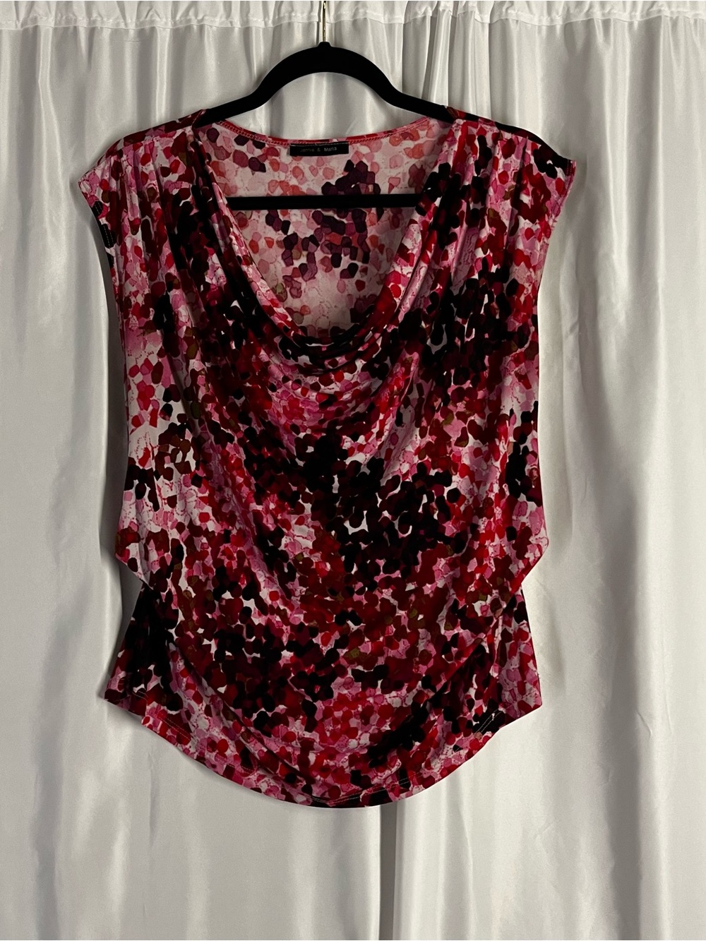 Draped Cowl Neck Sleeveless Blouse in Pink & Red Floral